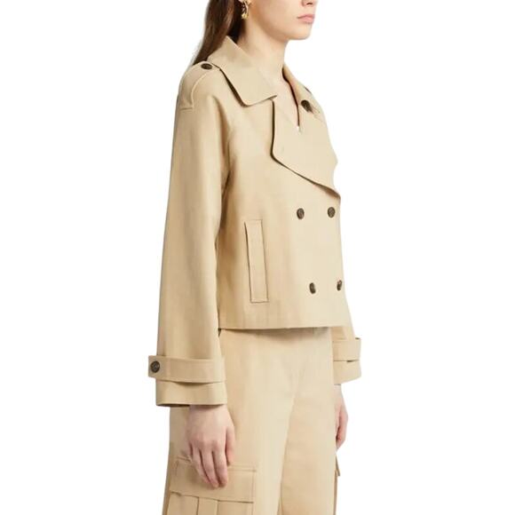 Nordstrom Cropped Trench Coat Stretch Cotton Boxy Double Breasted Green - Picture 3 of 10